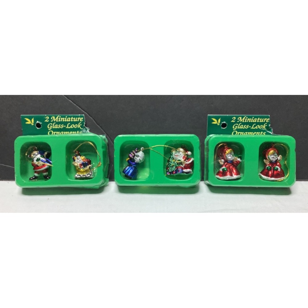 6 Miniature Christmas Glass Look Ornaments 1-1.5" Vintage New Santa Angel Sleigh